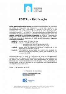 Edital da Reunião Ordinária da Assembleia de Freguesia - Retificação