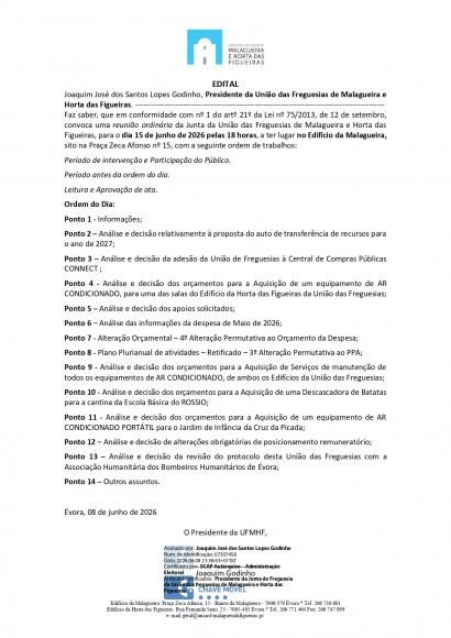 Edital da Reuni&atilde;o Ordin&aacute;ria da Junta de Freguesia 15/06/2026