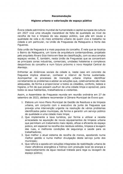 Recomenda&ccedil;&atilde;o da Higiene Urbana e Valoriza&ccedil;&atilde;o do Espa&ccedil;o P&uacute;blico | APROVADA