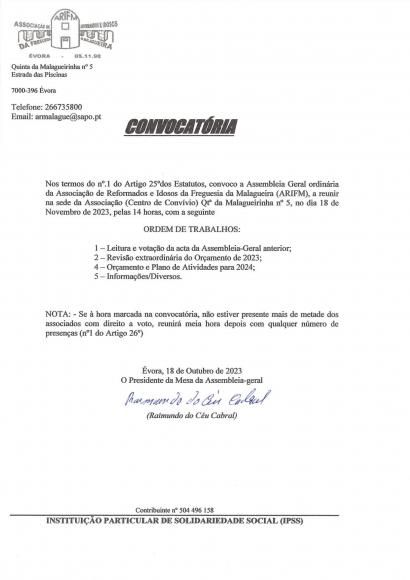 CONVOCAT&Oacute;RIA | Assembleia Geral ordin&aacute;ria da Associa&ccedil;&atilde;o de Reformados e Idosos da Freguesia da Malagueira