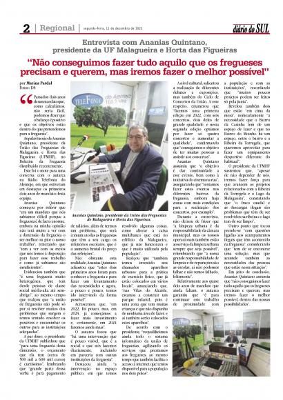 Entrevista com Ananias Quintano, Presidente da Uni&atilde;o das Freguesias da Malagueira e Horta das Figueiras ao Di&aacute;rio do Sul